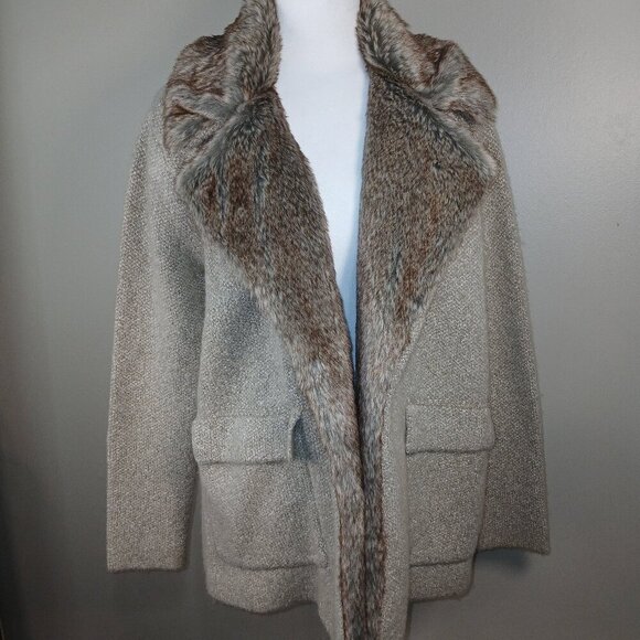 COCO AND CARMEN KNIT WRAP STYLE JACKET FAUX FUR COLLAR,  TAN, SIZE SMALL - Picture 1 of 8